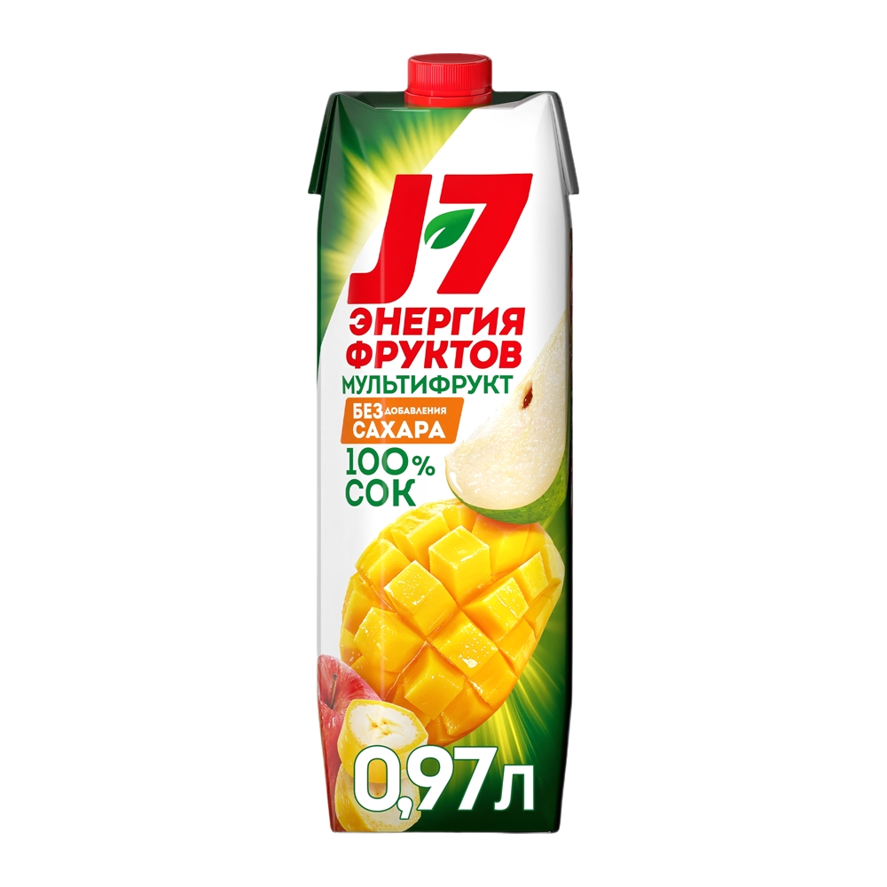 Изображение товара J7 Энергия Фруктов Мультифрукт 0,97 л — Натуральный 100% сок без сахара
