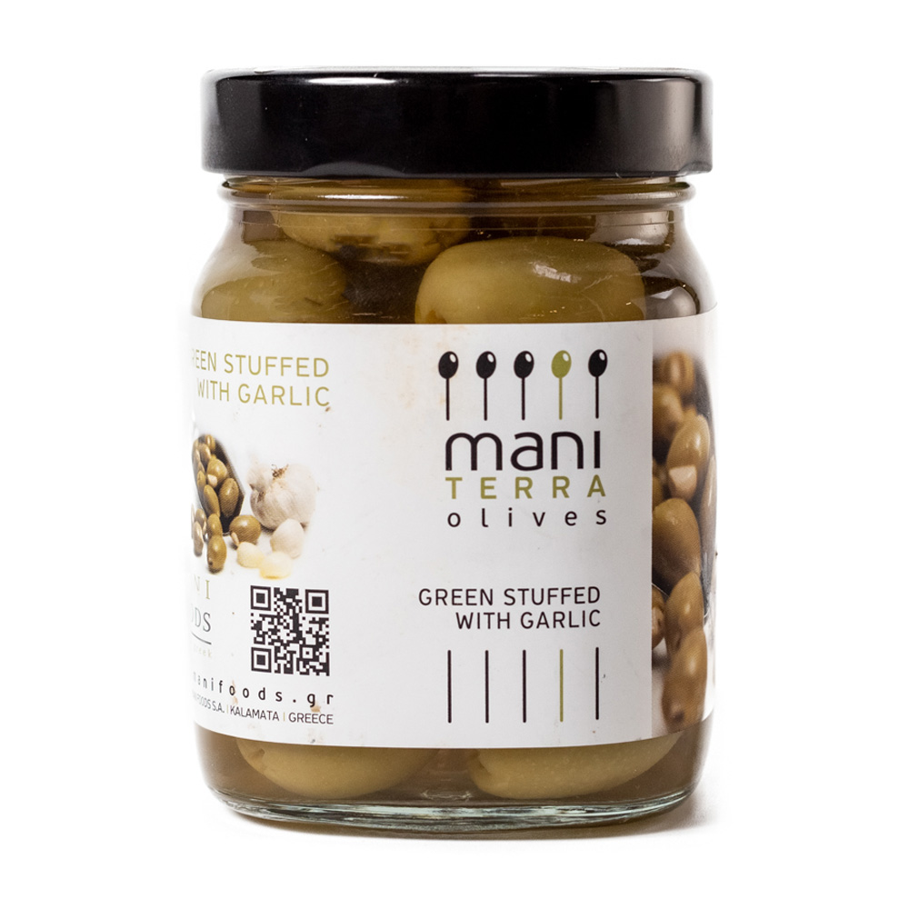 Изображение товара Оливки Mani Terra с чесноком 370 мл — греческая закуска