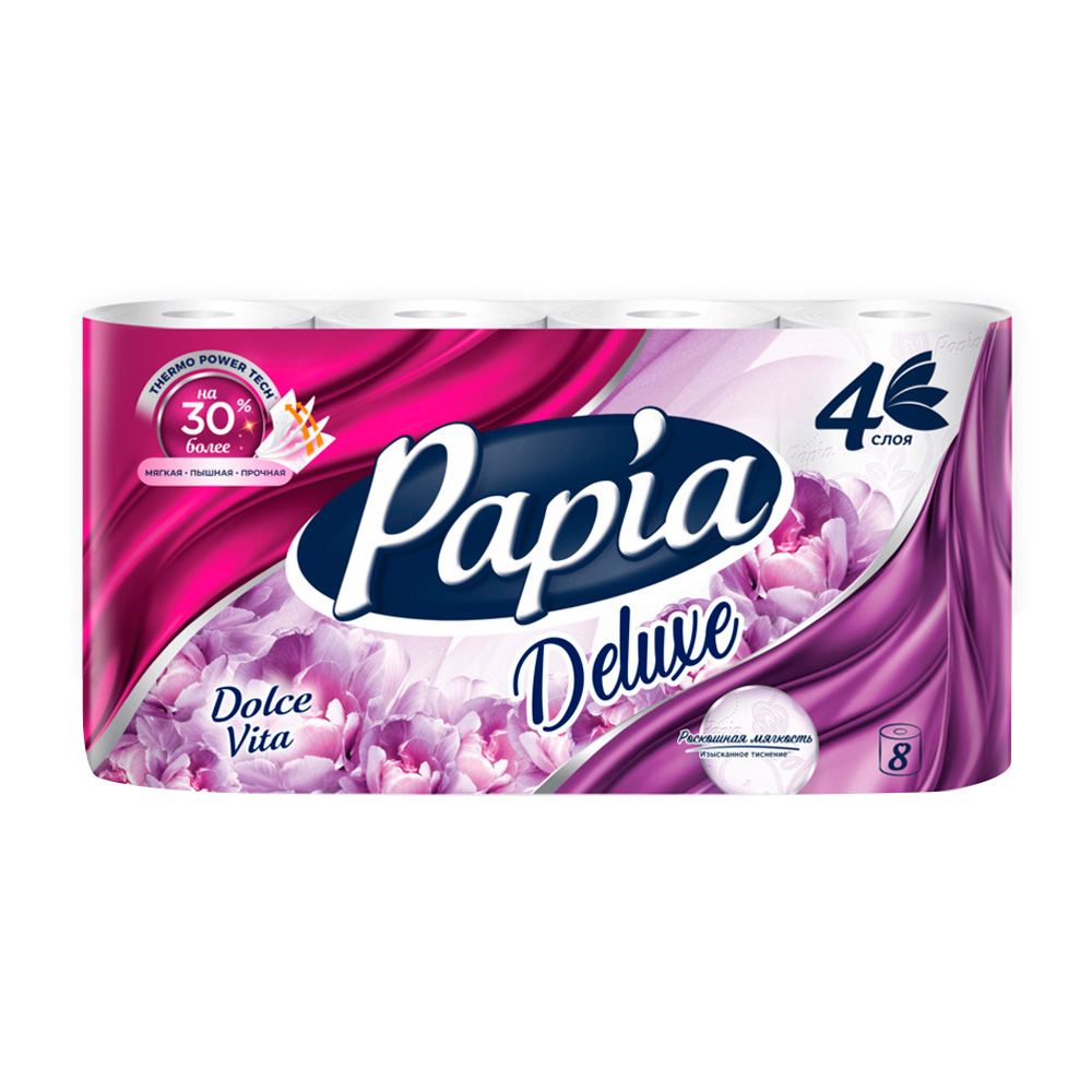 Изображение товара Туалетная Бумага Papia Delux Dolce Vita 4 Слоя 8 Рулонов