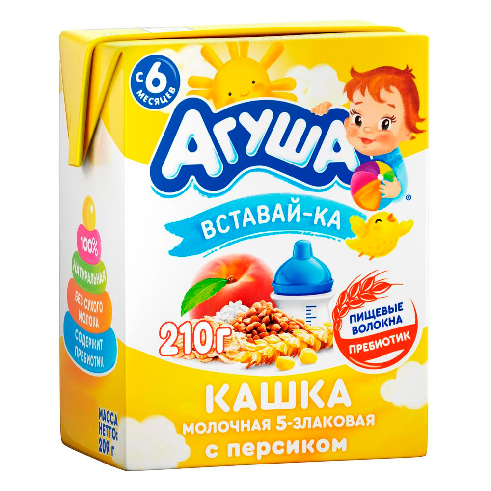 Купить каша агуша молочная вставайка 5 злаков персик 2,5% 200г с ...