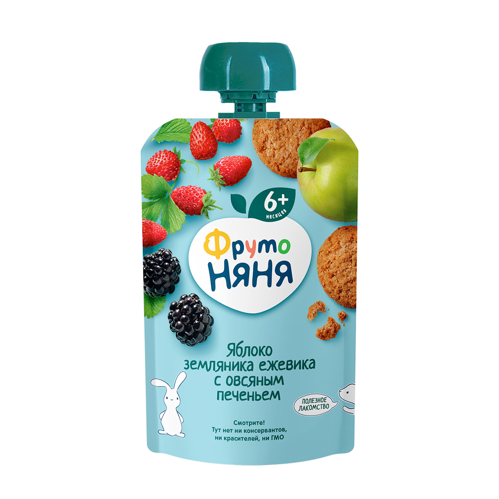Изображение товара Пюре ФрутоНяня Яблоко Земляника Ежевика Овсяное Печенье 90г