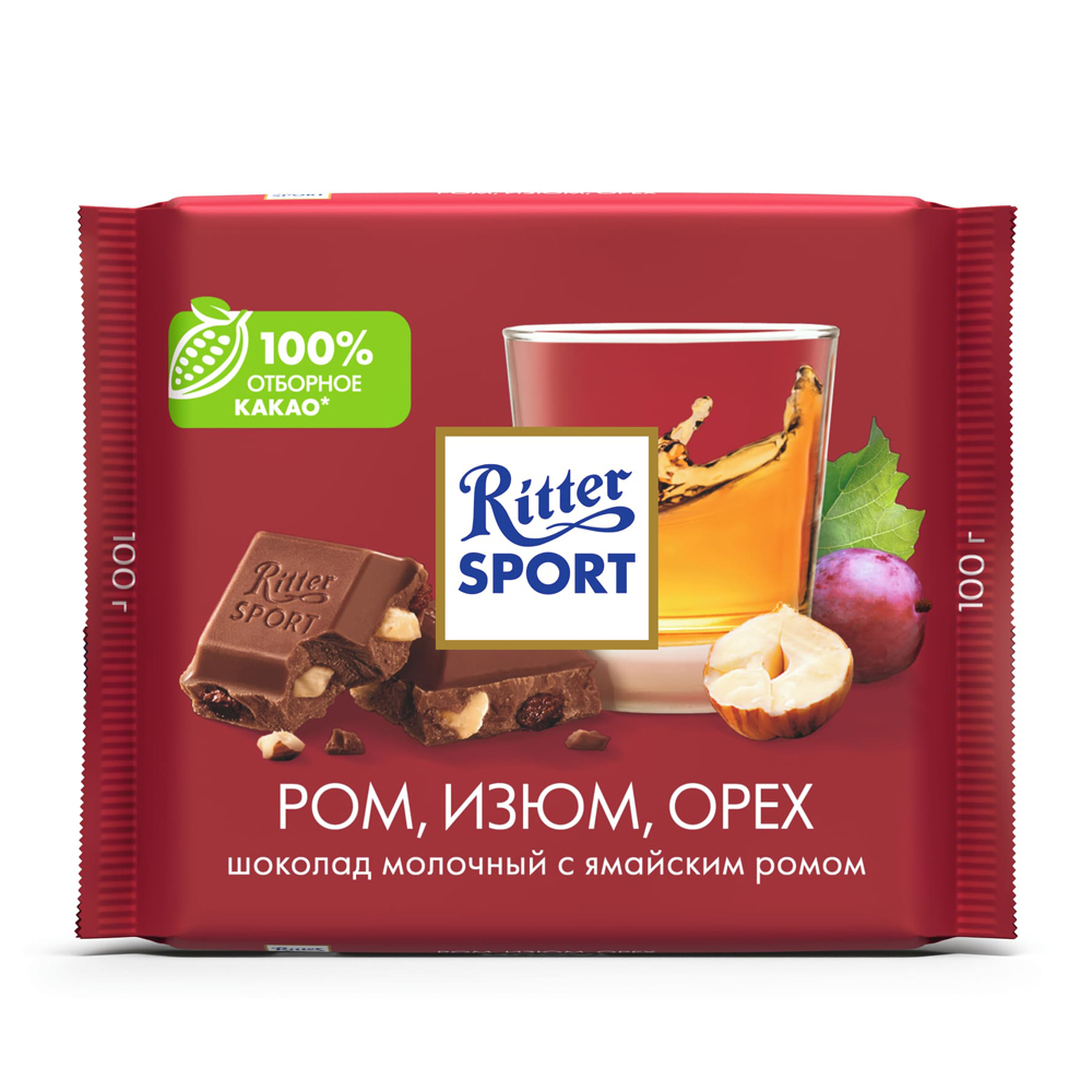 Купить шоколад ritter sport молочный ром изюм орех 100г с доставкой на дом  в магазине SPAR