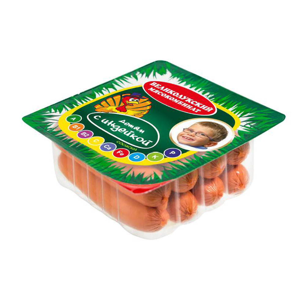 Купить сосиски детям с индейкой великолукский мясокомбинат 330г с ...