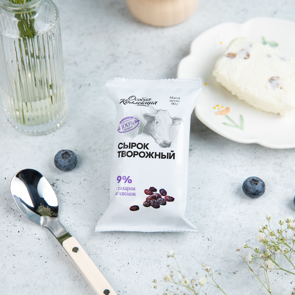 Купить сырок творожный особая коллекция с сахаром и изюмом 9% 90г с ...