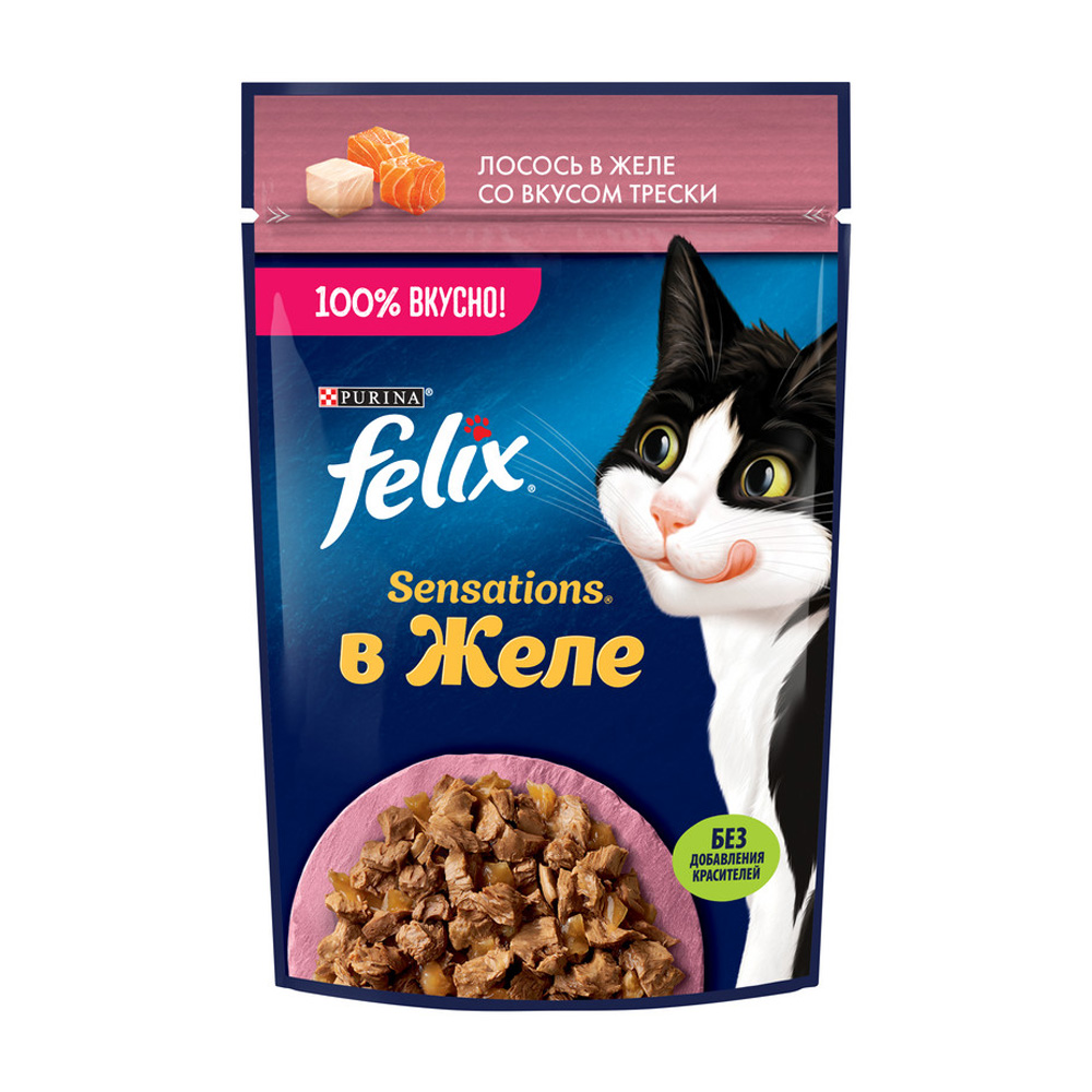 Купить корм влажный для кошек felix sensations лосось в желе 75г с ...