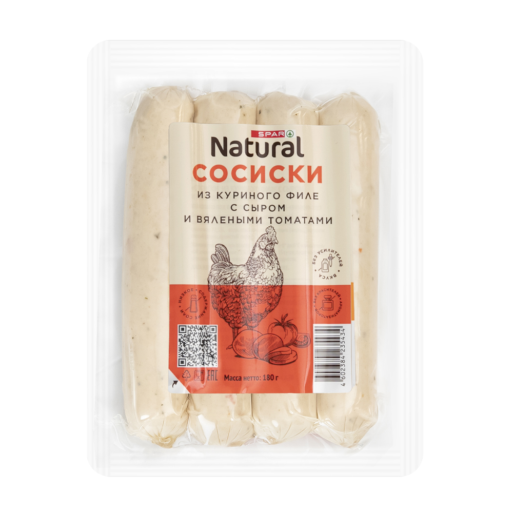 Купить сосиски spar natural куриные с сыром и томатами 180г с доставкой на  дом в магазине SPAR