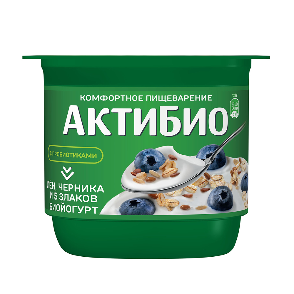 Изображение товара Биойогурт Актибио Лен Черника 5 Злаков 3,0% 130г