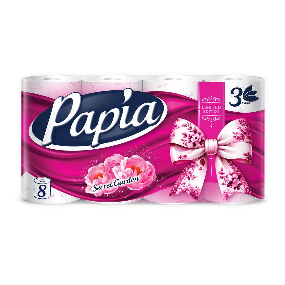 Изображение товара Papia Secret Garden — 3 слоя, 8 рулонов, туалетная бумага
