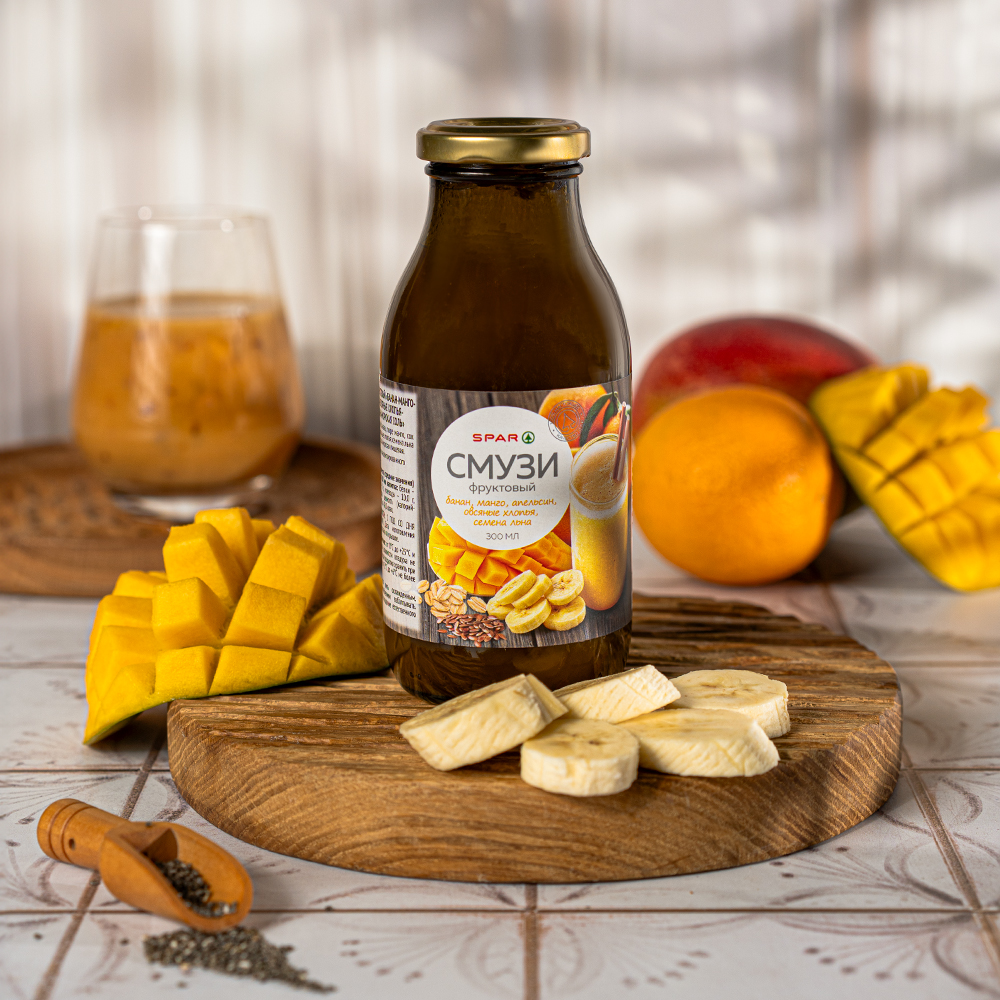 Изображение товара SPAR Смузи Банан Манго Апельсин с овсяными хлопьями 0,3 л