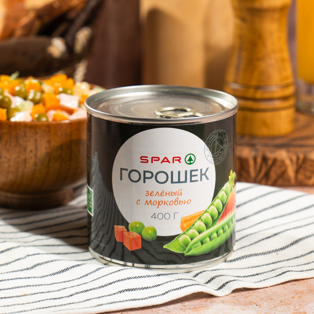 Изображение товара Горошек Зеленый SPAR с Морковью 400г ж/б