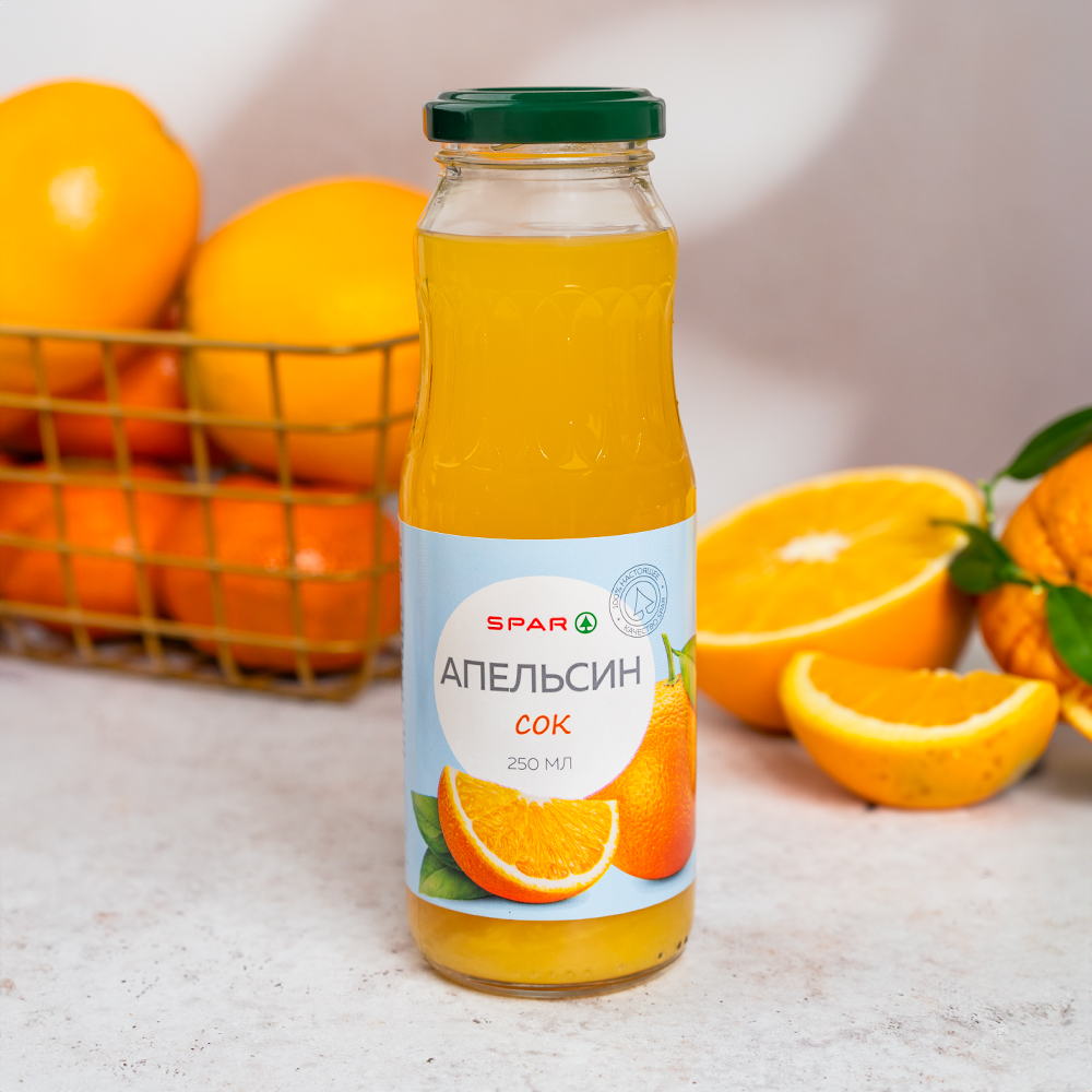 Изображение товара Сок SPAR Апельсиновый Восстановленный с Мякотью 0,25л Стекло