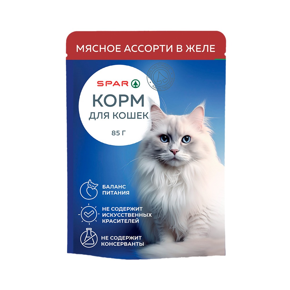 Изображение товара Корм Влажный для Кошек SPAR Мясное Ассорти в Желе 85г