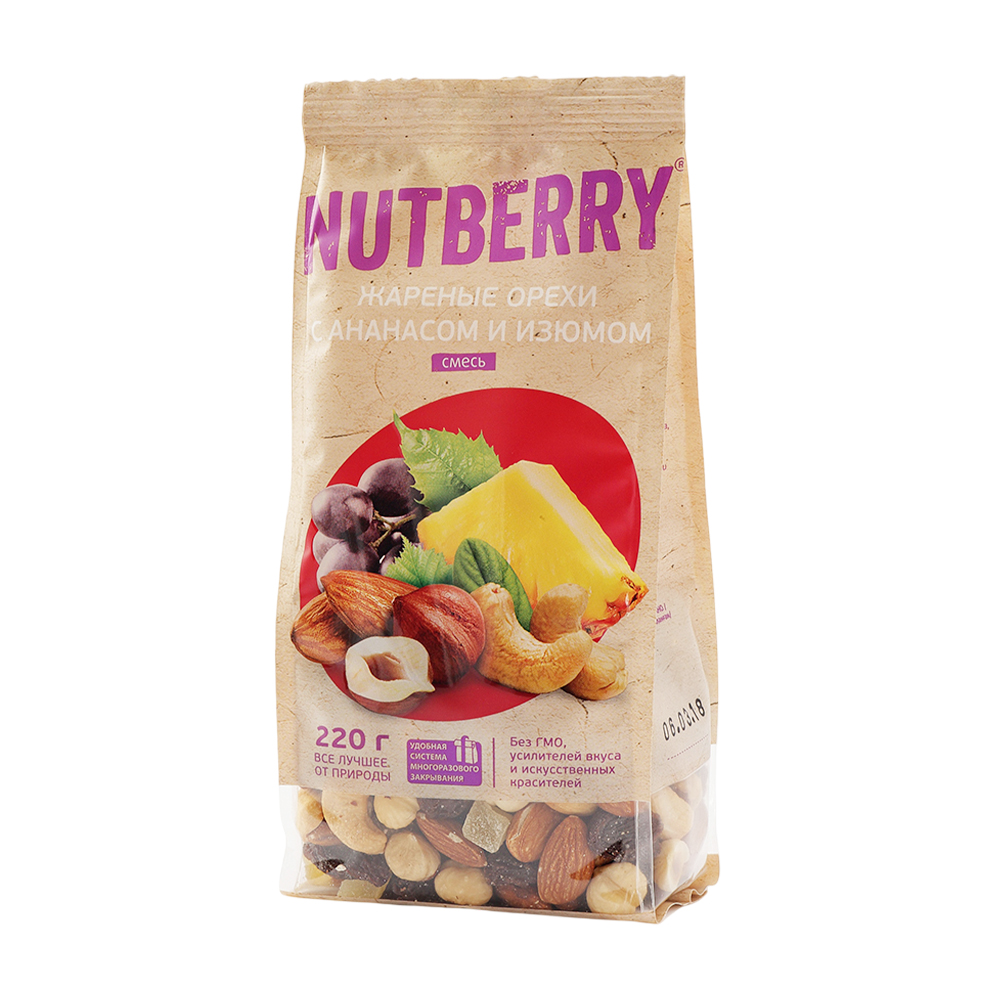 Изображение товара Nutberry Жареные Орехи с Ананасом и Изюмом 0.22 кг
