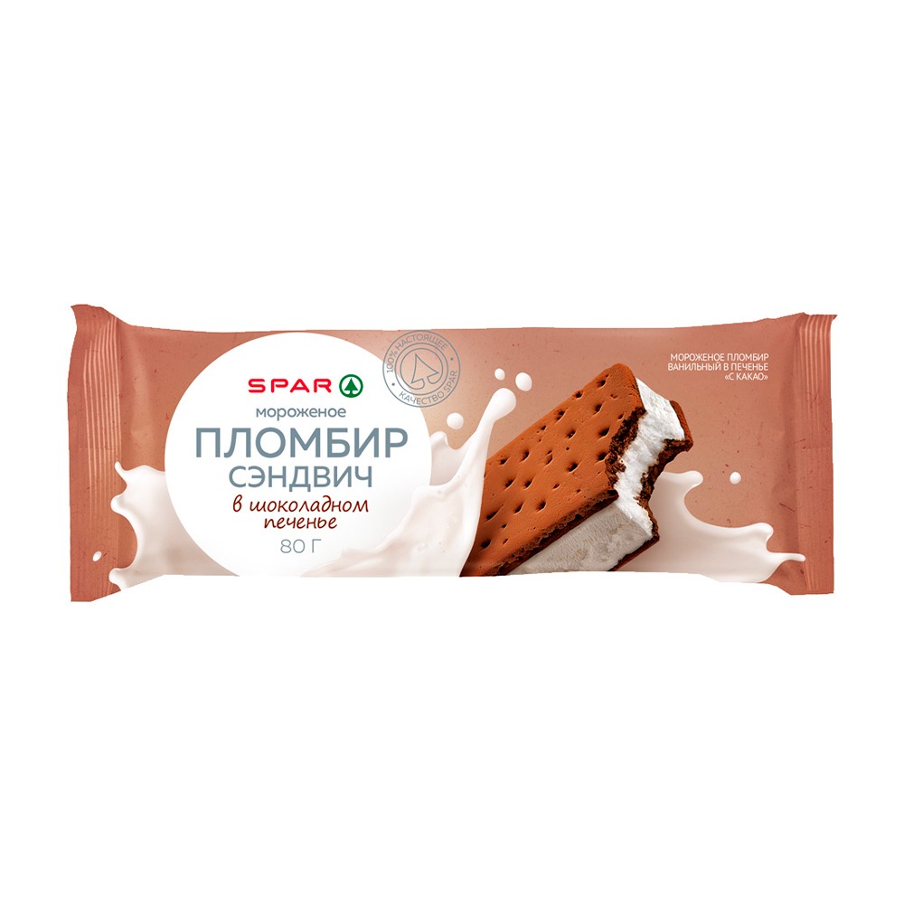 Изображение товара Мороженое Пломбир SPAR Сэндвич в Шоколадном Печенье 15% 80г