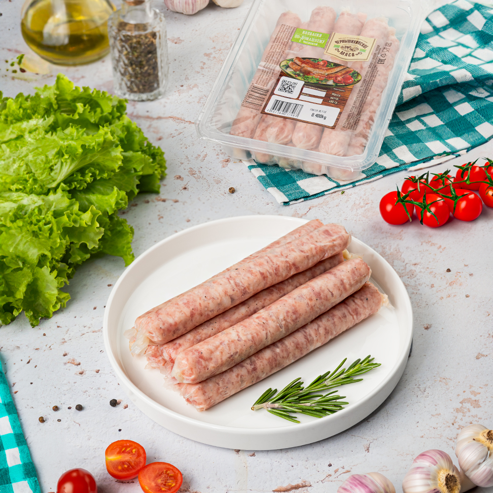 Изображение товара Колбаски по-Домашнему с Чесноком Чернышихинское Мясо 400г