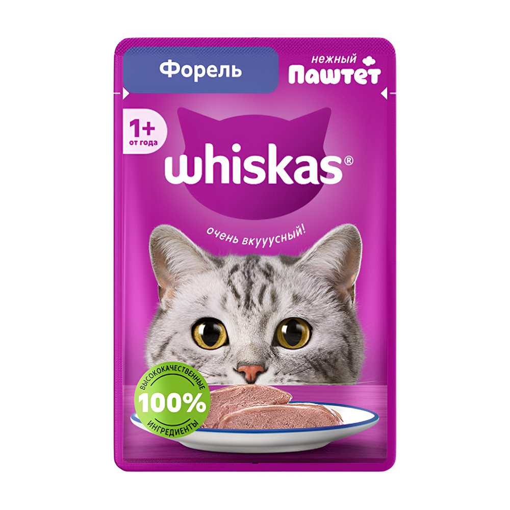 Изображение товара Корм Влажный для Кошек Whiskas Паштет с Форелью 75г Изображение товара Корм Влажный для Кошек Whiskas Паштет с Форелью 75г