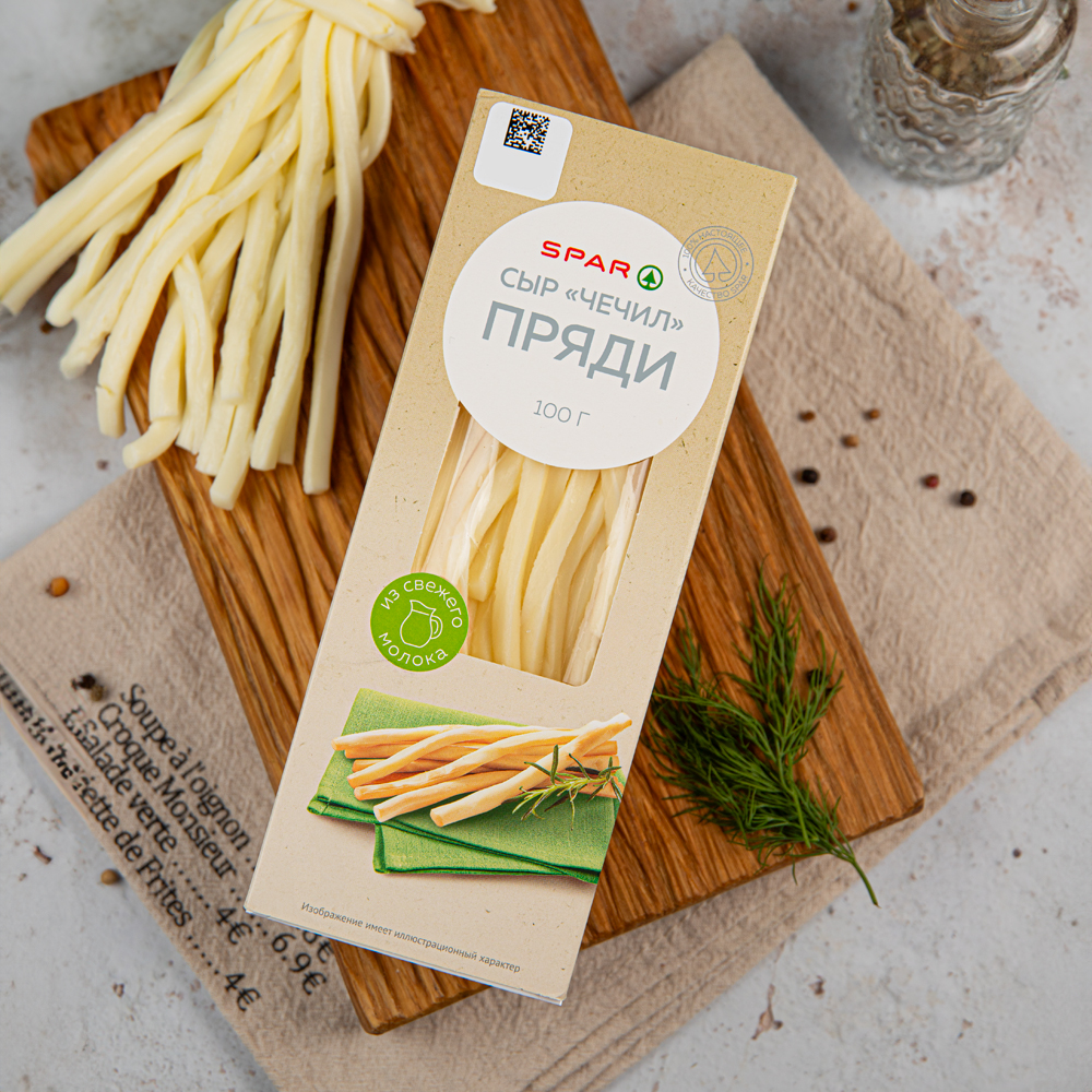 Изображение товара Сыр SPAR Чечил пряди копченый 40% 0.1 кг