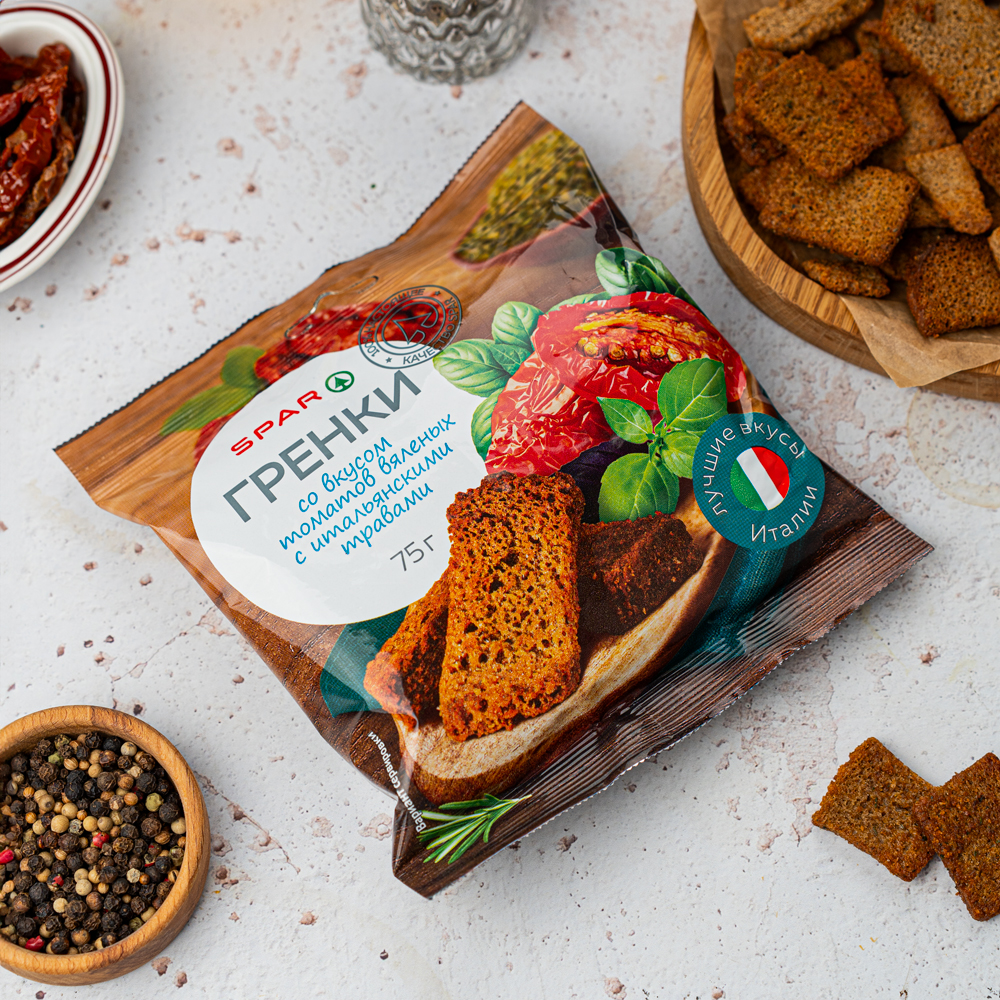 Изображение товара Гренки SPAR Вкус Вяленых Томатов с Итальянскими Травами 75г