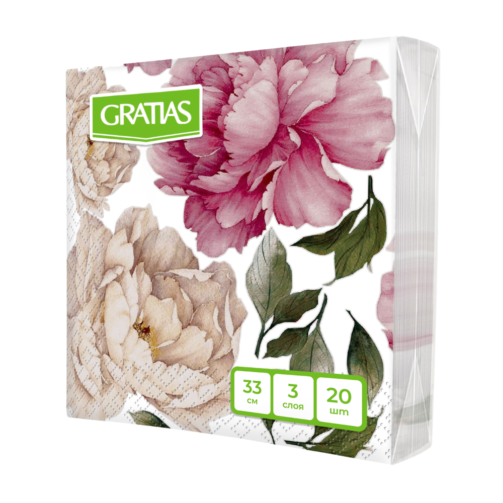 Изображение товара Салфетки Бумажные Gratias Роскошные Пионы 33см 3 Слоя 20шт