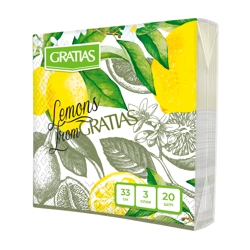 Изображение товара Салфетки Бумажные Gratias Лимонный Сад 33см 3 Слоя 20шт