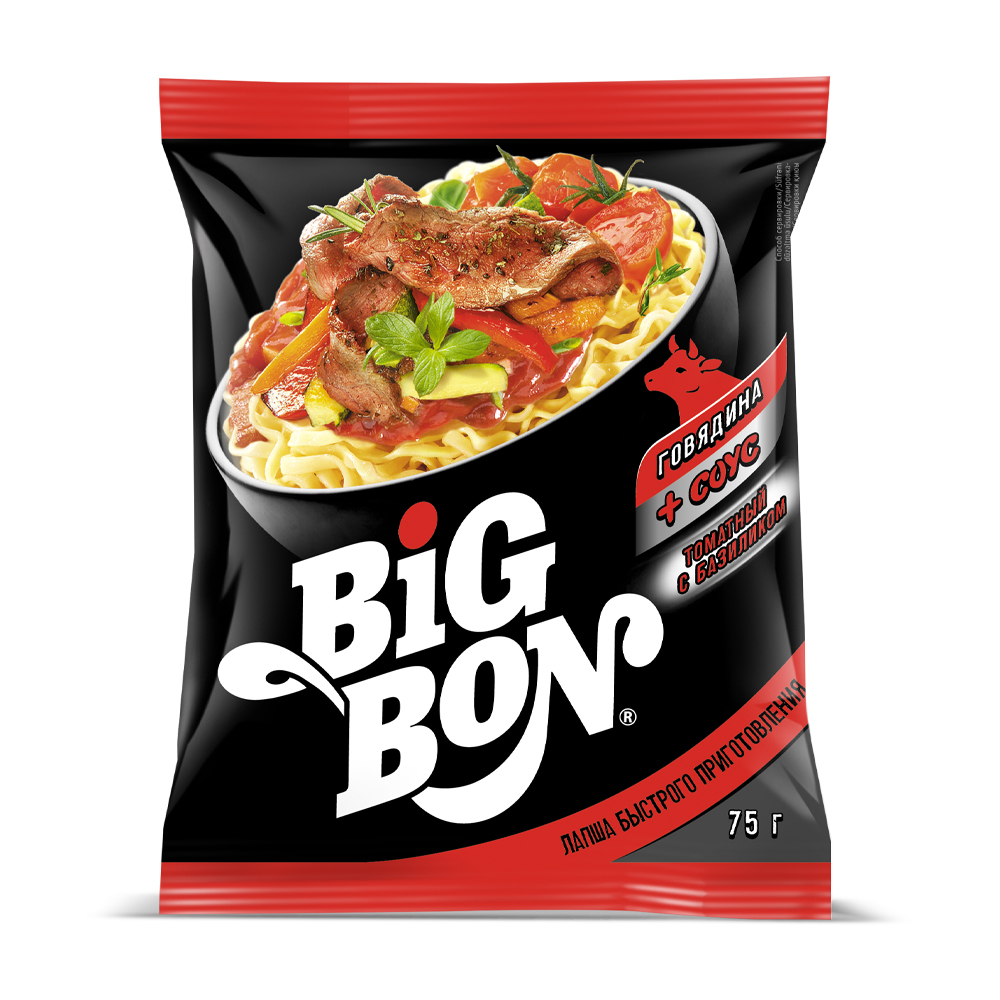 Изображение товара Лапша Big Bon Говядина Соус Томатный с Базиликом 75г