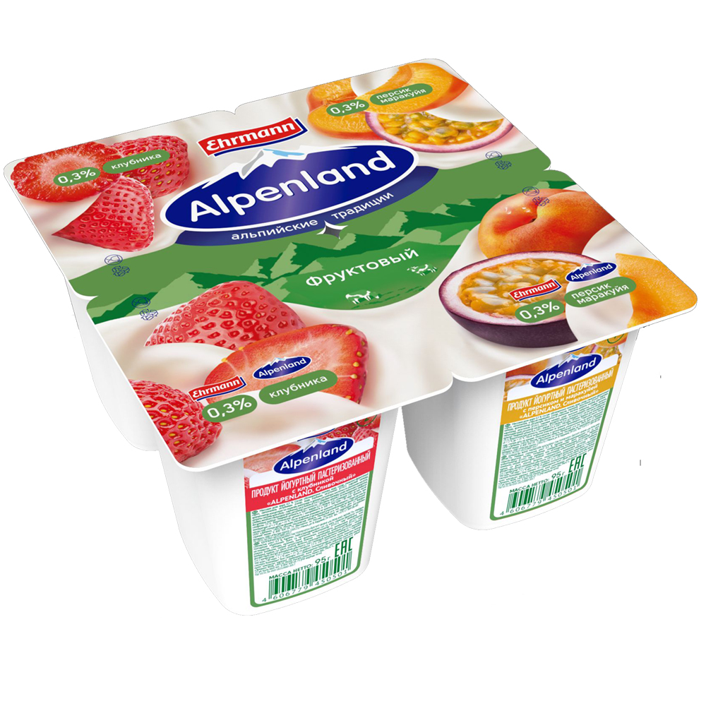 Купить йогурт alpenland клубника персик маракуйя 0,3% 95г с доставкой ...