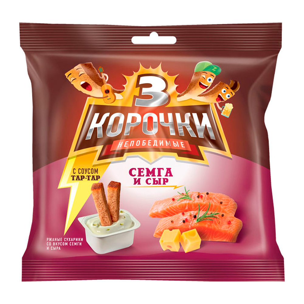 Купить сухарики ржаные 3 корочки семга и сыр с соусом тар-тар 85г с ...