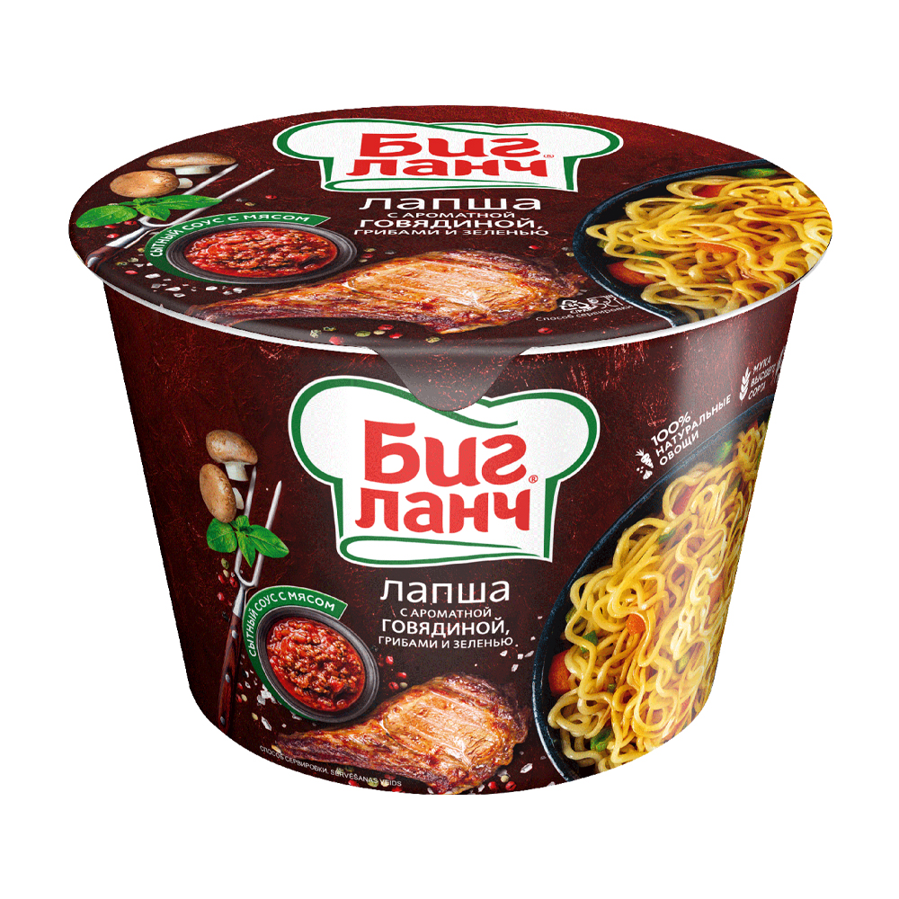 Изображение товара Лапша Биг Ланч с Ароматной Говядиной Грибами и Зеленью 90г