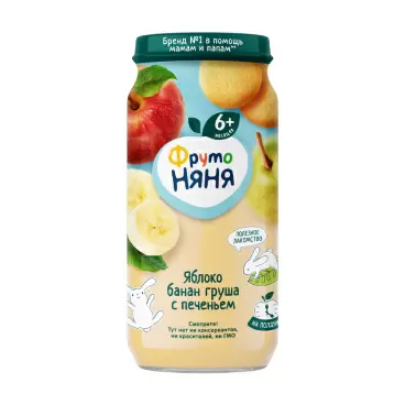 Изображение товара Пюре ФрутоНяня Яблоко Банан Груша Печенье 250г Стекло