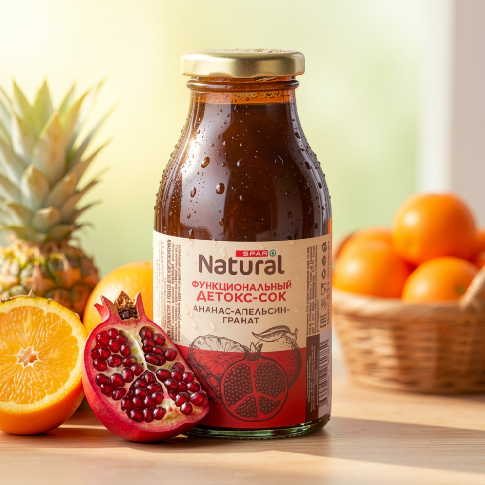 Изображение товара Натуральный сок SPAR NATURAL Ананас Апельсин Гранат 0. 3л - полезный и вкусный напиток