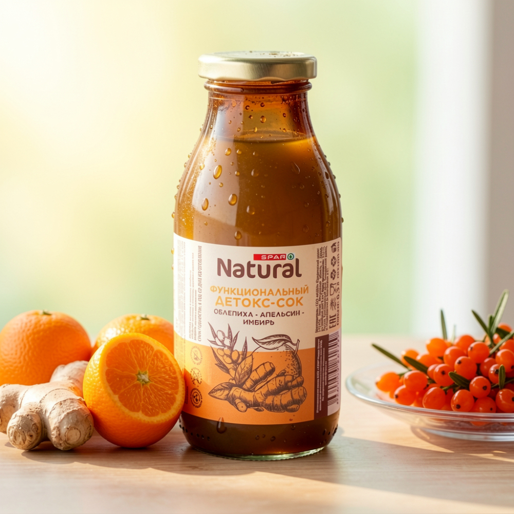 Изображение товара SPAR NATURAL Облепиха Апельсин Имбирь 0, 3 л - 100% сок без сахара