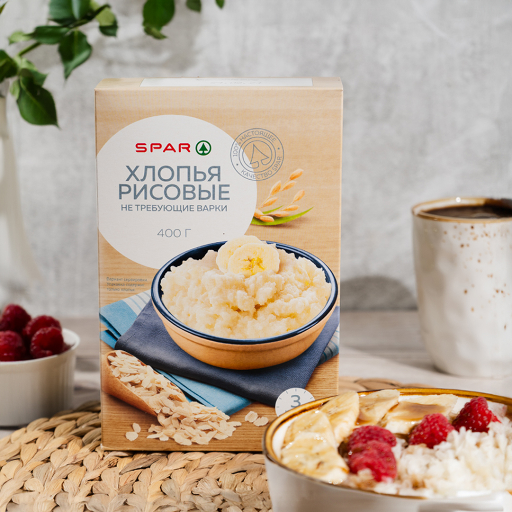 Изображение товара Хлопья SPAR Рисовые 0.4 кг: мягкие, нейтральные, пригодны для каш и выпечки