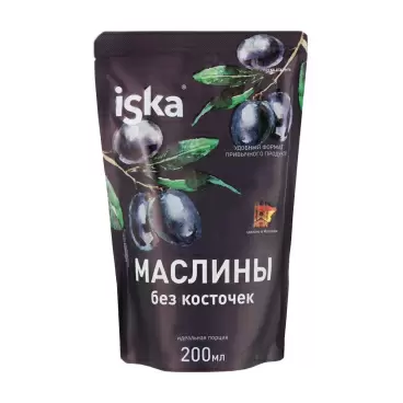Изображение товара Iska Черные маслины без косточек 0. 2 л - идеальная закуска и добавка